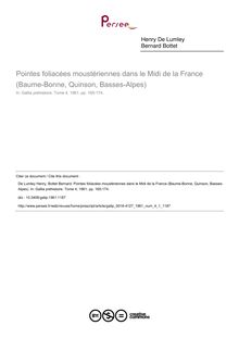 Pointes foliacées moustériennes dans le Midi de la France (Baume-Bonne, Quinson, Basses-Alpes) - article ; n°1 ; vol.4, pg 165-174