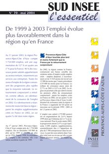 De 1999 à 2003 l emploi évolue plus favorablement dans la région qu en France
