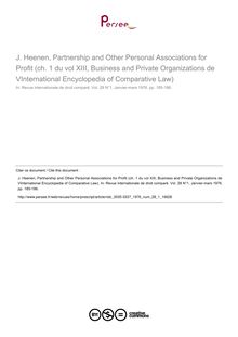 J. Heenen, Partnership and Other Personal Associations for Profit (ch. 1 du vol XIII, Business and Private Organizations de VInternational Encyclopedia of Comparative Law) - note biblio ; n°1 ; vol.28, pg 185-186