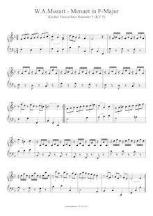Partition Minuet en F major, K.5, Nannerl s Music Book, Mozart, Wolfgang Amadeus