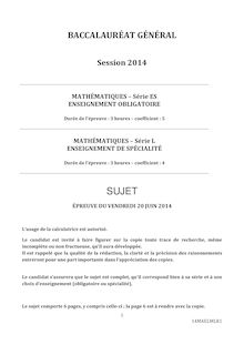 Sujet bac 2014 - Séries ES et L - Mathématiques (ES obligatoire et L spécialité)