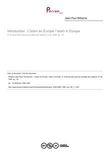 Introduction : L islam en Europe / Islam in Europe - article ; n°1 ; vol.92, pg 7-8