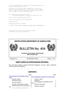 Hemp Hurds as Paper-Making Material - United States Department of Agriculture, Bulletin No. 404