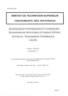 Sciences physiques et chimiques 2004 Traitements thermiques BTS Traitement des matériaux