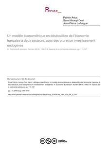 Un modèle économétrique en déséquilibre de l économie française à deux secteurs, avec des prix et un investissement endogènes - article ; n°3 ; vol.94, pg 115-127