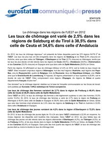 Le chômage dans les régions de l UE27 en 2012 - Les taux de chômage ont varié de 2,5% dans les régions de Salzburg et du Tirol à 38,5% dans celle de Ceuta et 34,6% dans celle d’Andalucía