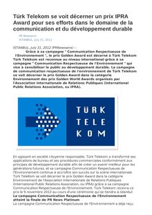 Türk Telekom se voit décerner un prix IPRA Award pour ses efforts dans le domaine de la communication et du développement durable