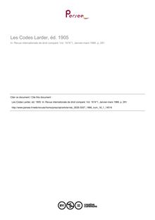 Les Codes Larder, éd. 1905 - note biblio ; n°1 ; vol.18, pg 291-291