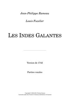 Partition Vocal parties, Les Indes galantes, Opéra-ballet, Rameau, Jean-Philippe