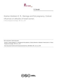 Goshen-Gottstein E. R., Marriage and first pregnancy. Cultural influences on attitudes of Israeli women.  ; n°2 ; vol.8, pg 261-261