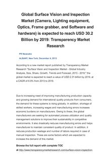 Global Surface Vision and Inspection Market (Camera, Lighting equipment, Optics, Frame grabber, and Software and hardware) is expected to reach USD 30.2 Billion by 2019: Transparency Market Research