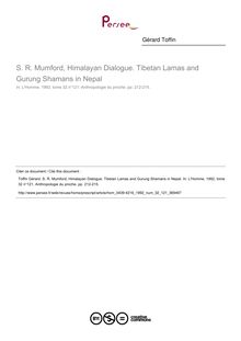 S. R. Mumford, Himalayan Dialogue. Tibetan Lamas and Gurung Shamans in Nepal  ; n°121 ; vol.32, pg 212-215