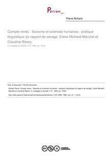 Compte rendu : Sexisme et sciences humaines - pratique linguistique du rapport de sexage, Claire Michard-Marchal et Claudine Ribery  ; n°1 ; vol.31, pg 79-84