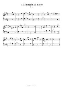 Partition Minuet en G major, K.1/1e, Nannerl s Music Book, Mozart, Wolfgang Amadeus