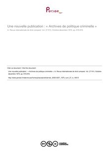 Une nouvelle publication : « Archives de politique criminelle » - compte-rendu ; n°4 ; vol.27, pg 915-916