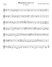Partition 1st verse (Et exultavit) − ténor viole de gambe 2, octave aigu clef, Tabulatura Nova