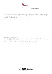 B. Zannini Quirini. Nephelokokkygia. La prospettiva mitica degli Uccelli d Aristofane.  ; n°1 ; vol.210, pg 99-103