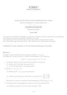 Mathématiques 2001 Classe Prepa HEC (ECE) EDHEC Lille