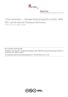 « Cher camarade »... Georges Sorel ad Agostino Lanzillo. 1909-1921, par les soins de Francesco Germinario  ; n°1 ; vol.14, pg 234-237