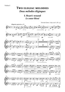 Partition violon I , partie, 2 Elegiac Melodies Op.34, Grieg, Edvard
