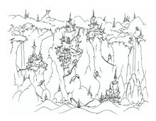 Spooky castles on cliffs with monkeys - coloring page bluebison.net