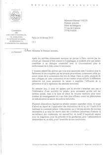 Lutte contre le terrorisme - Lettre de propositions adressée à Manuel Valls par le Président de la Commission des lois du Sénat, Philippe Bas