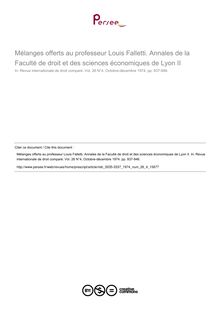 Mélanges offerts au professeur Louis Falletti. Annales de la Faculté de droit et des sciences économiques de Lyon II - note biblio ; n°4 ; vol.26, pg 937-946
