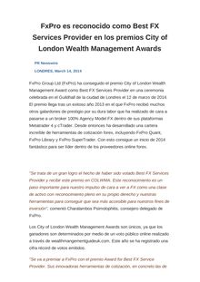 FxPro es reconocido como Best FX Services Provider en los premios City of London Wealth Management Awards