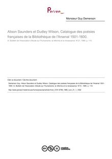 Alison Saunders et Dudley Wilson, Catalogue des poésies françaises de la Bibliothèque de l Arsenal 1501-1600.  ; n°1 ; vol.21, pg 110-110