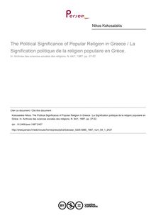 The Political Significance of Popular Religion in Greece / La Signification politique de la religion populaire en Grèce. - article ; n°1 ; vol.64, pg 37-52