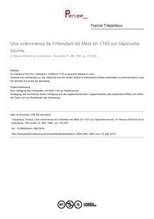 Une ordonnance de l intendant de Metz en 1743 sur l épizootie bovine - article ; n°286 ; vol.78, pg 315-325