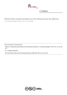 Recherches expérimentales sur les mécanismes de défense - article ; n°2 ; vol.54, pg 425-430