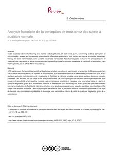 Analyse factorielle de la perception de mots chez des sujets à audition normale - article ; n°2 ; vol.67, pg 393-408