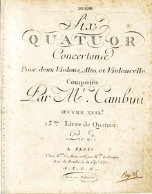 Partition violon 1, 6 corde quatuors, Op.29 (T.97-102), Cambini, Giuseppe Maria