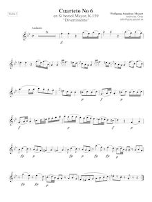 Partition violon I, corde quatuor No.6, Divertimento, B♭ major, Mozart, Wolfgang Amadeus