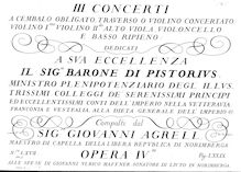 Partition clavecin, III concerts a Cembalo Obligato, Traverso o violon Concertato, violon I:mo, violon II:do, Alto viole de gambe, violoncelle e Basso Ripieno