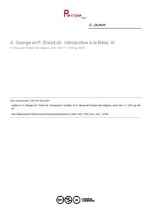 A. George et P. Grelot dir. Introduction à la Bible, III  ; n°1 ; vol.194, pg 86-87