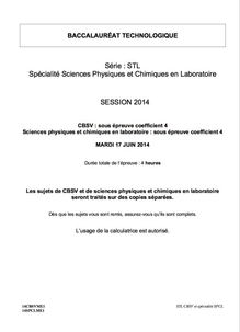 Sujet bac 2014 - Série STL - Chimie-biochimie-sciences du vivant (sous-épreuve)