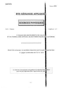 Sciences physiques 2001 BTS Géologie appliquée