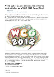 World Cyber Games anuncia los primeros cuatro títulos para WCG 2012 Grand Final