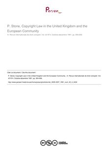 P. Stone, Copyright Law in the United Kingdom and the European Community  - note biblio ; n°4 ; vol.43, pg 954-956