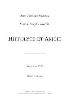Partition Basse continue (Continuo), Hippolyte et Aricie, Tragédie en musique en cinq actes et un prologue