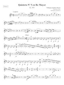 Partition violon I, corde quintette No.5, D major, Mozart, Wolfgang Amadeus