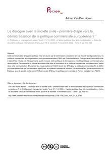 Le dialogue avec la société civile - première étape vers la démocratisation de la politique commerciale européenne ? - article ; n°2 ; vol.21, pg 139-163