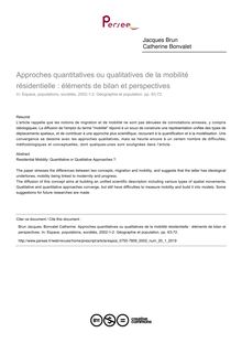 Approches quantitatives ou qualitatives de la mobilité résidentielle : éléments de bilan et perspectives - article ; n°1 ; vol.20, pg 63-72