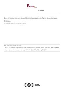 Les problèmes psychopédagogiques des enfants algériens en France.  - article ; n°4 ; vol.33, pg 213-214