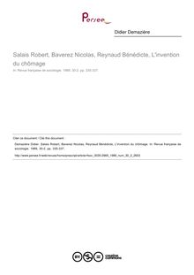 Salais Robert, Baverez Nicolas, Reynaud Bénédicte, L invention du chômage  ; n°2 ; vol.30, pg 335-337