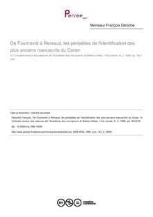 De Fourmond à Reinaud, les péripéties de l identification des plus anciens manuscrits du Coran - article ; n°2 ; vol.143, pg 563-576