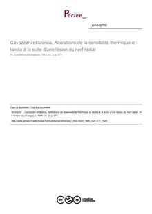 Cavazzani et Manca, Altérations de la sensibilité thermique et tactile à la suite d une lésion du nerf radial - compte-rendu ; n°1 ; vol.2, pg 671-671