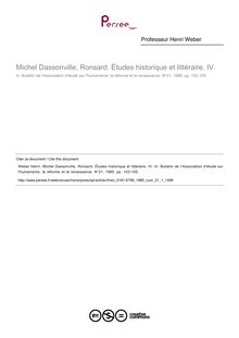 Michel Dassonville, Ronsard. Études historique et littéraire. IV.  ; n°1 ; vol.21, pg 102-105